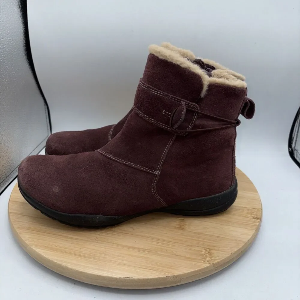 Clarks Collection Burgundy Suede Zip Ankle Booties Faux Fur Lined 9.5 Roseville